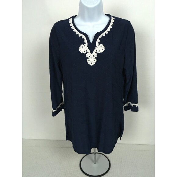 Allison Daily Womens Top Size SP Navy Blue with White Trim on Neck and Sleeves - Picture 3 of 14